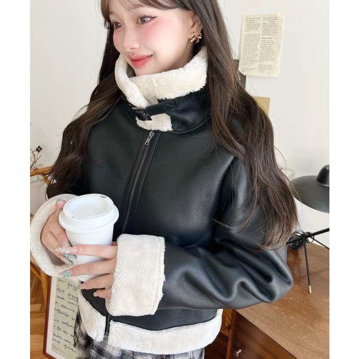 フェイクレザー×フェイクファームートンショートブルゾン[品番