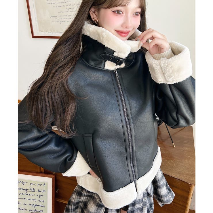 フェイクレザー×フェイクファームートンショートブルゾン[品番