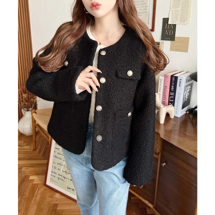 金ボタンノーカラージャケット フェイクリングウール | moment+ | 詳細画像19 