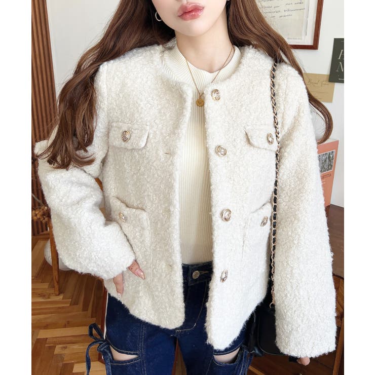 金ボタンノーカラージャケット フェイクリングウール | moment+ | 詳細画像2 