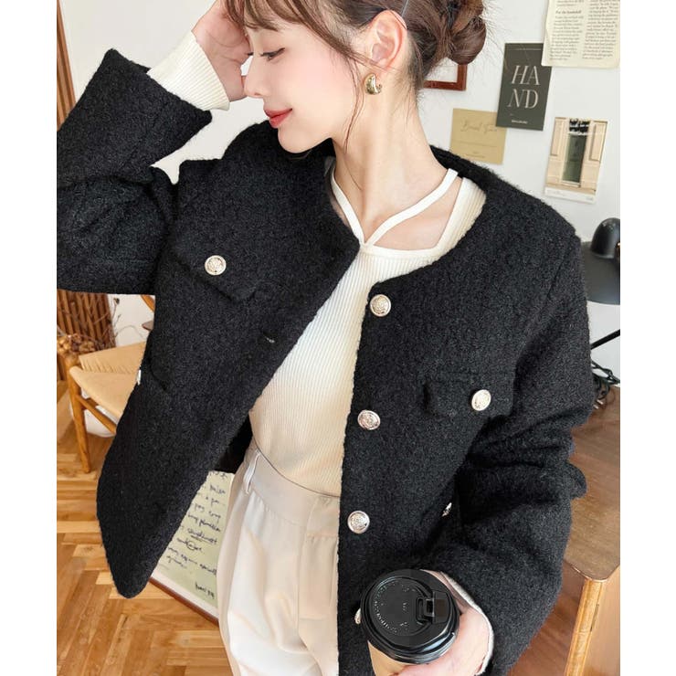 金ボタンノーカラージャケット フェイクリングウール | moment+ | 詳細画像22 