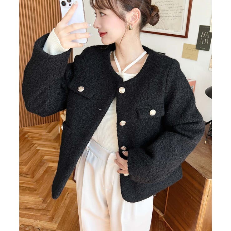 金ボタンノーカラージャケット フェイクリングウール | moment+ | 詳細画像26 