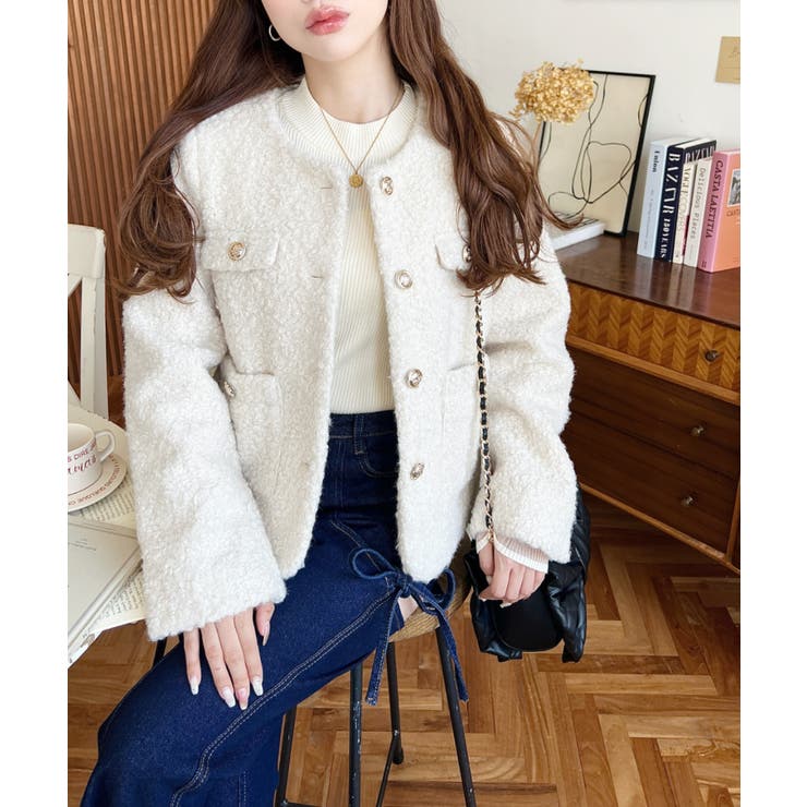 金ボタンノーカラージャケット フェイクリングウール | moment+ | 詳細画像5 