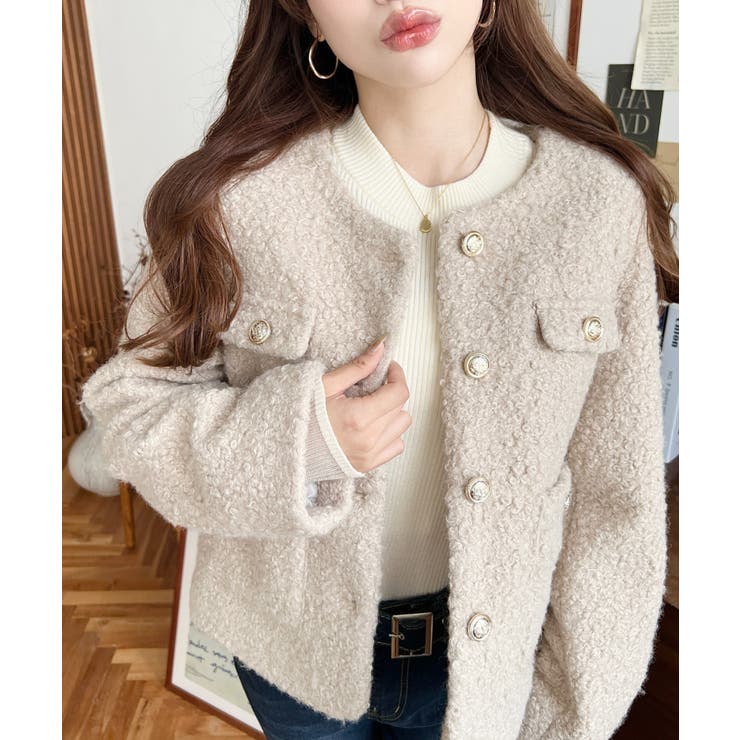 グレイッシュベージュ | 金ボタンノーカラージャケット フェイクリングウール | moment+