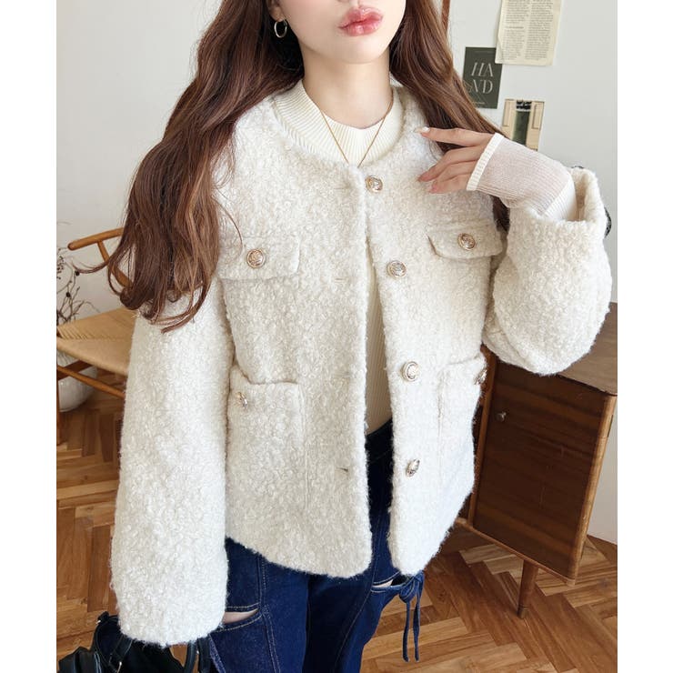 アイボリー | 金ボタンノーカラージャケット フェイクリングウール | moment+