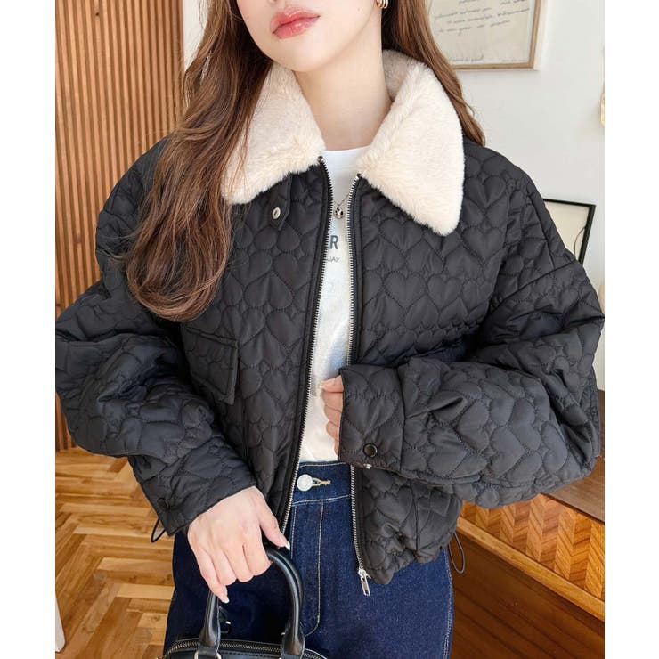 ハートキルトファー襟ショートジップブルゾン[品番：ERMW0004008