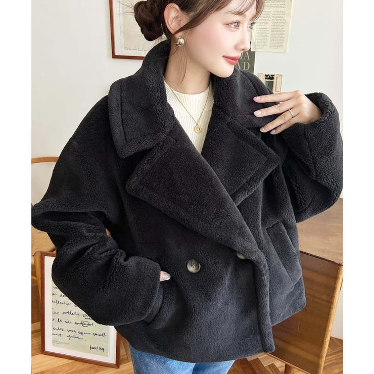 ブラック | ショート丈テディベアボアPコートジャケット | moment+