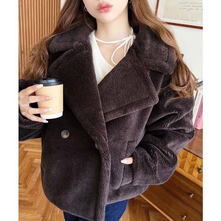 ブラウン　 | ショート丈テディベアボアPコートジャケット | moment+