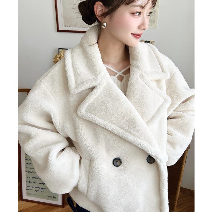 アイボリー | ショート丈テディベアボアPコートジャケット | moment+