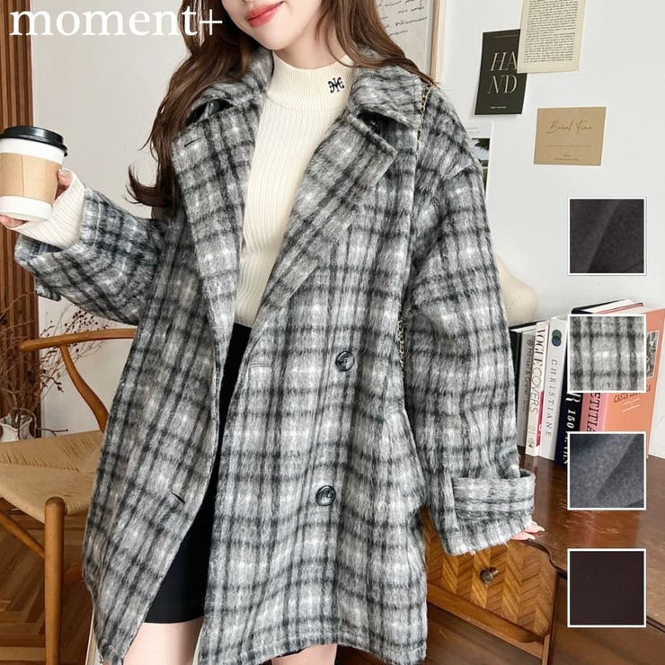 フェイクウールシャギーチェック＆ニットモッサ無地オーバーサイズミドル丈Pコートジ… | moment+ | 詳細画像1 
