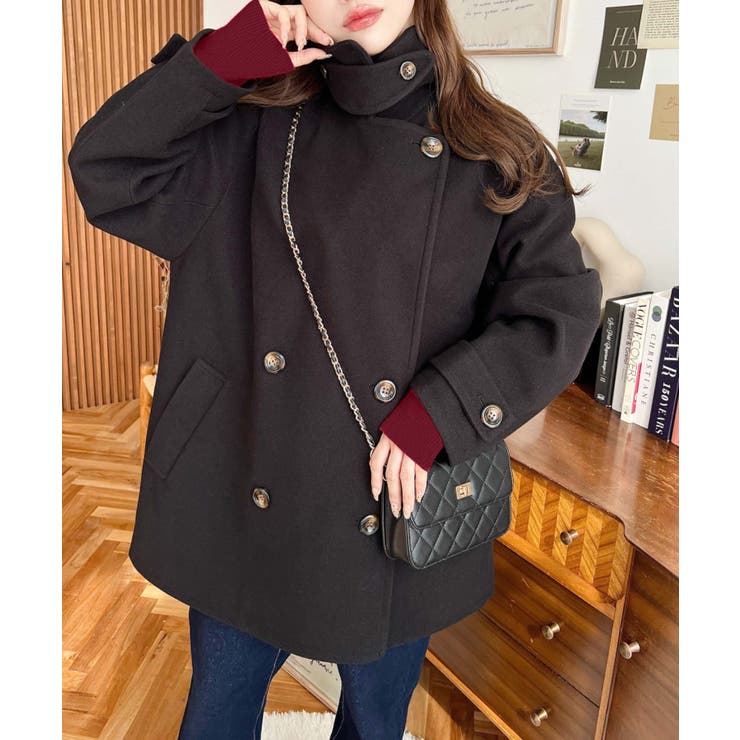 フェイクウールシャギーチェック＆ニットモッサ無地オーバーサイズミドル丈Pコートジ… | moment+ | 詳細画像12 