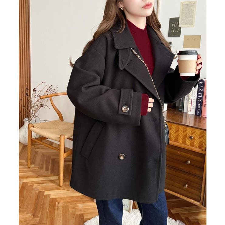 フェイクウールシャギーチェック＆ニットモッサ無地オーバーサイズミドル丈Pコートジ… | moment+ | 詳細画像13 