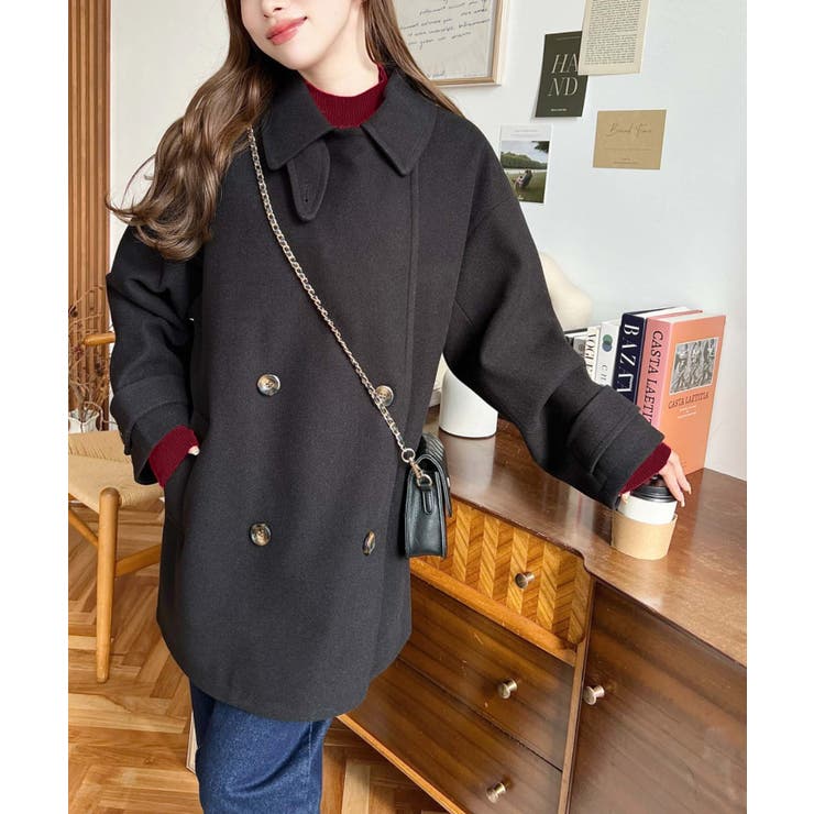 フェイクウールシャギーチェック＆ニットモッサ無地オーバーサイズミドル丈Pコートジ… | moment+ | 詳細画像16 