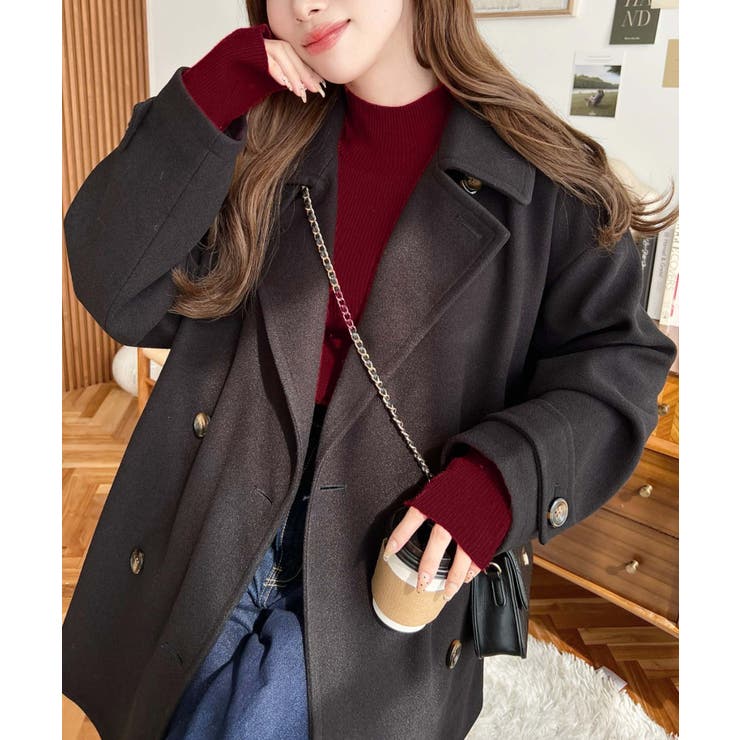 フェイクウールシャギーチェック＆ニットモッサ無地オーバーサイズミドル丈Pコートジ… | moment+ | 詳細画像17 