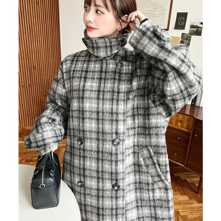 フェイクウールシャギーチェック＆ニットモッサ無地オーバーサイズミドル丈Pコートジ… | moment+ | 詳細画像18 