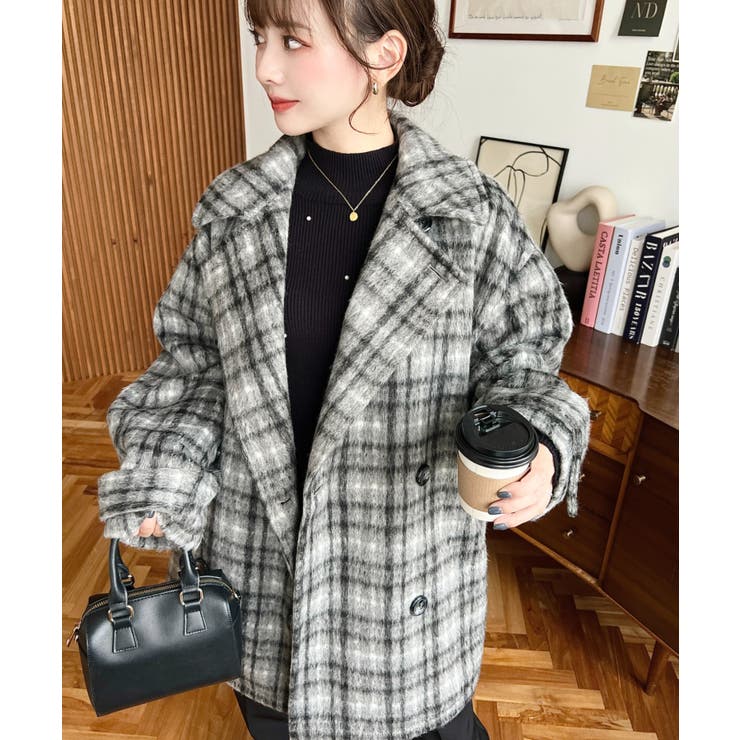 フェイクウールシャギーチェック＆ニットモッサ無地オーバーサイズミドル丈Pコートジ… | moment+ | 詳細画像19 