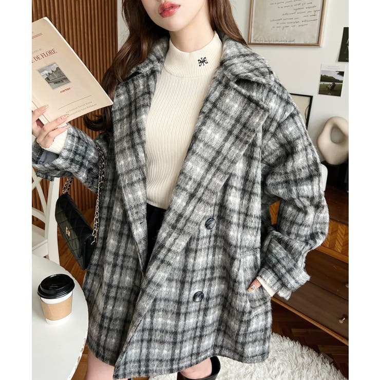 フェイクウールシャギーチェック＆ニットモッサ無地オーバーサイズミドル丈Pコートジ… | moment+ | 詳細画像23 