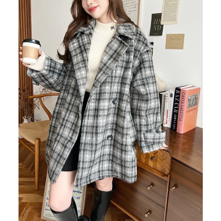 フェイクウールシャギーチェック＆ニットモッサ無地オーバーサイズミドル丈Pコートジ… | moment+ | 詳細画像24 