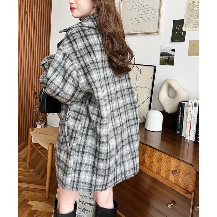 フェイクウールシャギーチェック＆ニットモッサ無地オーバーサイズミドル丈Pコートジ… | moment+ | 詳細画像25 