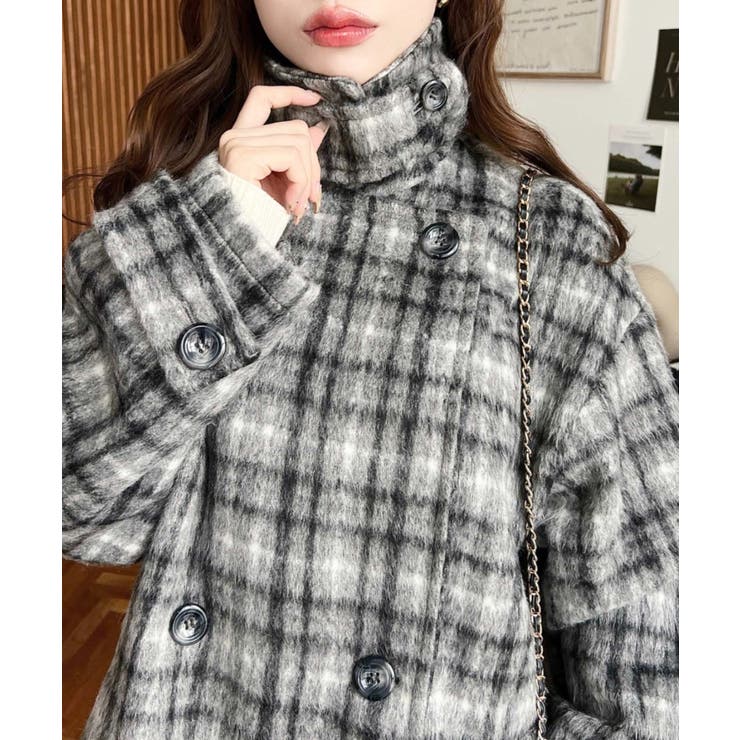 フェイクウールシャギーチェック＆ニットモッサ無地オーバーサイズミドル丈Pコートジ… | moment+ | 詳細画像26 