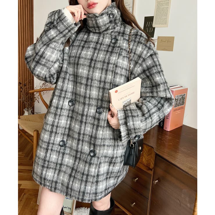 フェイクウールシャギーチェック＆ニットモッサ無地オーバーサイズミドル丈Pコートジ… | moment+ | 詳細画像27 