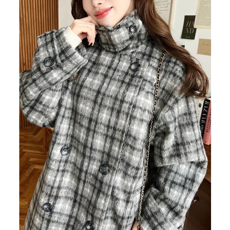 フェイクウールシャギーチェック＆ニットモッサ無地オーバーサイズミドル丈Pコートジ… | moment+ | 詳細画像29 