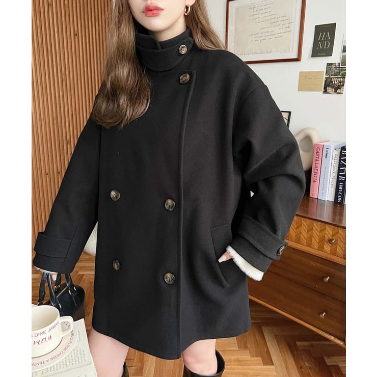 フェイクウールシャギーチェック＆ニットモッサ無地オーバーサイズミドル丈Pコートジ… | moment+ | 詳細画像3 