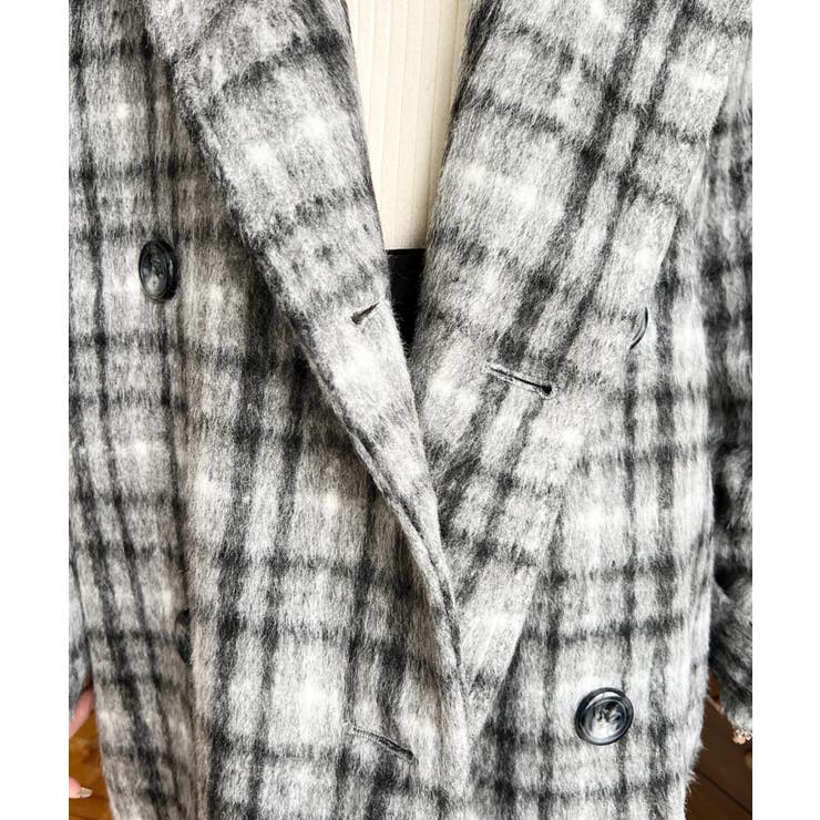 フェイクウールシャギーチェック＆ニットモッサ無地オーバーサイズミドル丈Pコートジ… | moment+ | 詳細画像32 