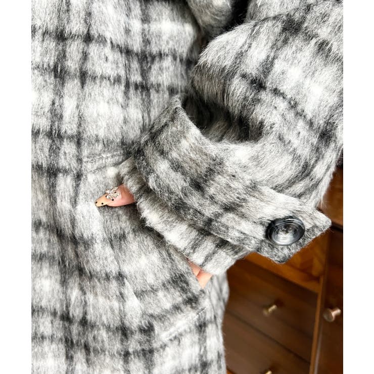 フェイクウールシャギーチェック＆ニットモッサ無地オーバーサイズミドル丈Pコートジ… | moment+ | 詳細画像33 