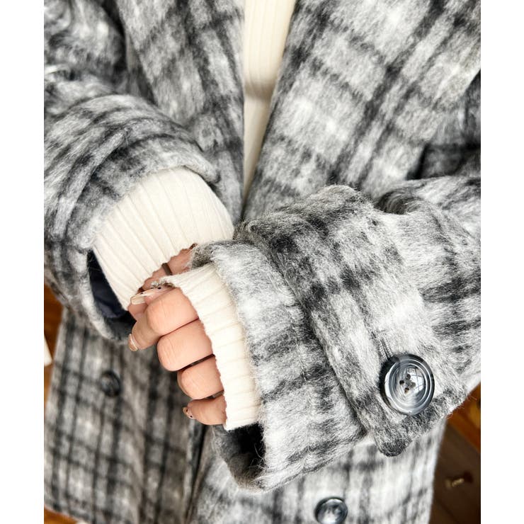 フェイクウールシャギーチェック＆ニットモッサ無地オーバーサイズミドル丈Pコートジ… | moment+ | 詳細画像34 