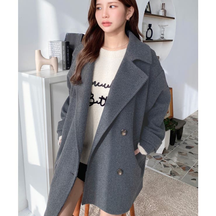 フェイクウールシャギーチェック＆ニットモッサ無地オーバーサイズミドル丈Pコートジ… | moment+ | 詳細画像38 