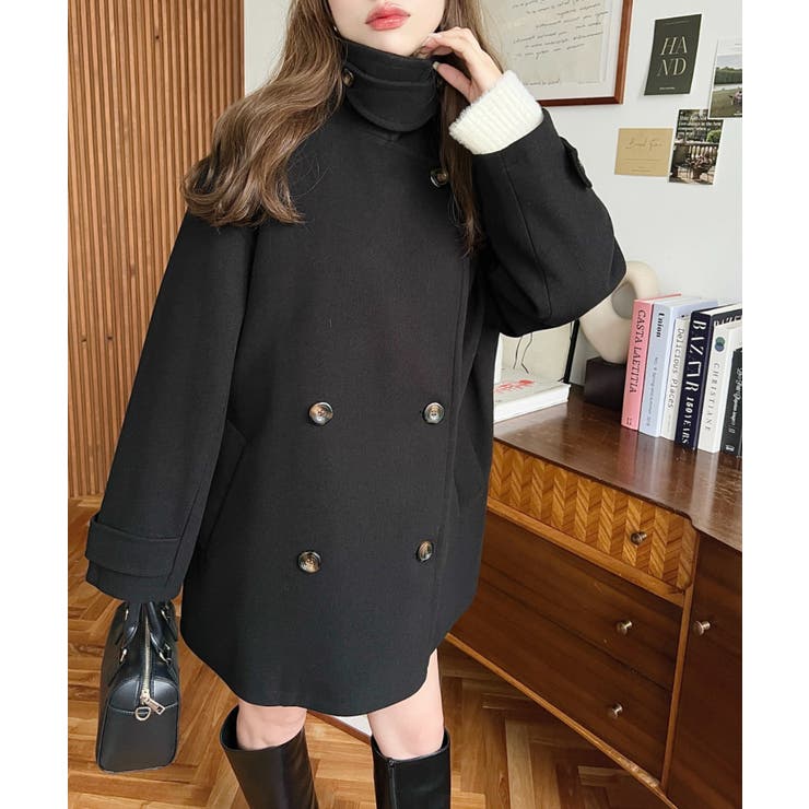 フェイクウールシャギーチェック＆ニットモッサ無地オーバーサイズミドル丈Pコートジ… | moment+ | 詳細画像4 