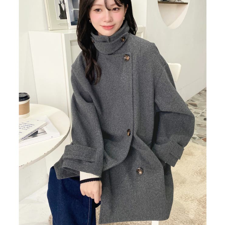 フェイクウールシャギーチェック＆ニットモッサ無地オーバーサイズミドル丈Pコートジ… | moment+ | 詳細画像43 