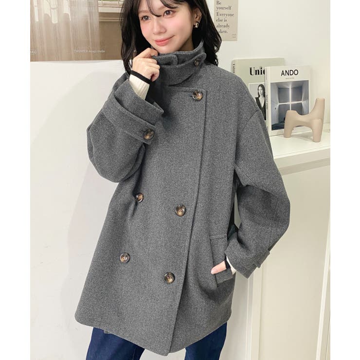 フェイクウールシャギーチェック＆ニットモッサ無地オーバーサイズミドル丈Pコートジ… | moment+ | 詳細画像44 