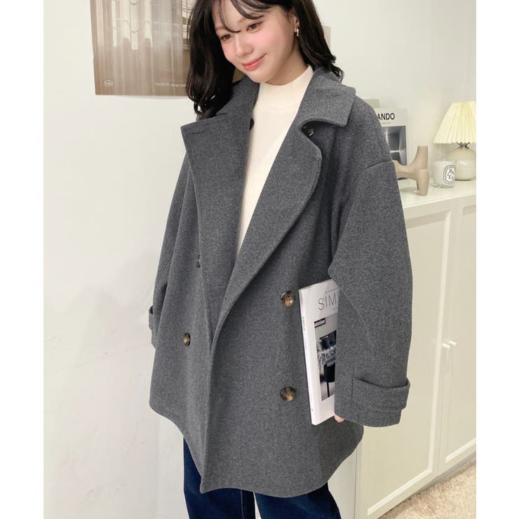 フェイクウールシャギーチェック＆ニットモッサ無地オーバーサイズミドル丈Pコートジ… | moment+ | 詳細画像45 