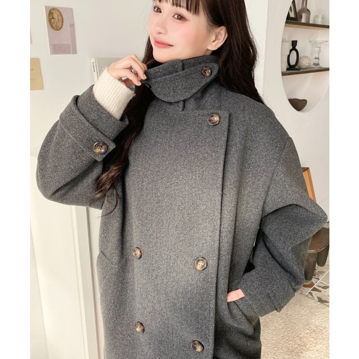 フェイクウールシャギーチェック＆ニットモッサ無地オーバーサイズミドル丈Pコートジ… | moment+ | 詳細画像46 