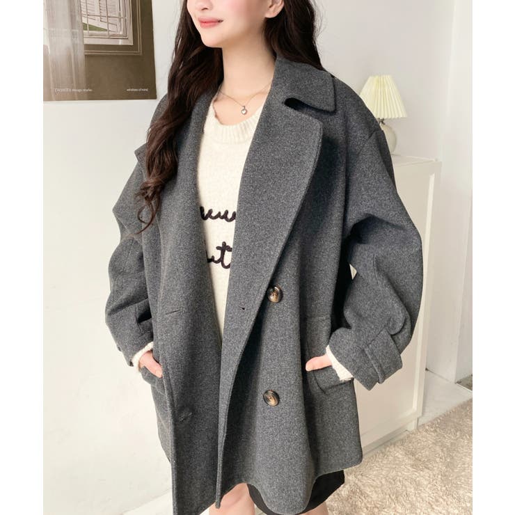 フェイクウールシャギーチェック＆ニットモッサ無地オーバーサイズミドル丈Pコートジ… | moment+ | 詳細画像47 