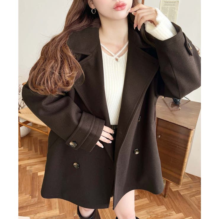 フェイクウールシャギーチェック＆ニットモッサ無地オーバーサイズミドル丈Pコートジ… | moment+ | 詳細画像48 