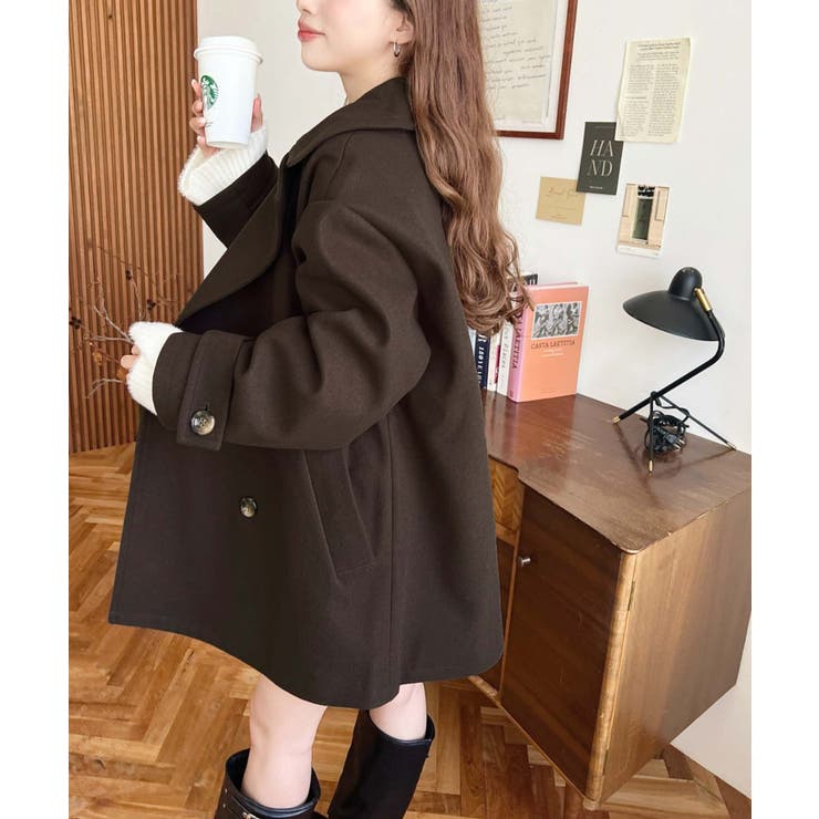 フェイクウールシャギーチェック＆ニットモッサ無地オーバーサイズミドル丈Pコートジ… | moment+ | 詳細画像49 