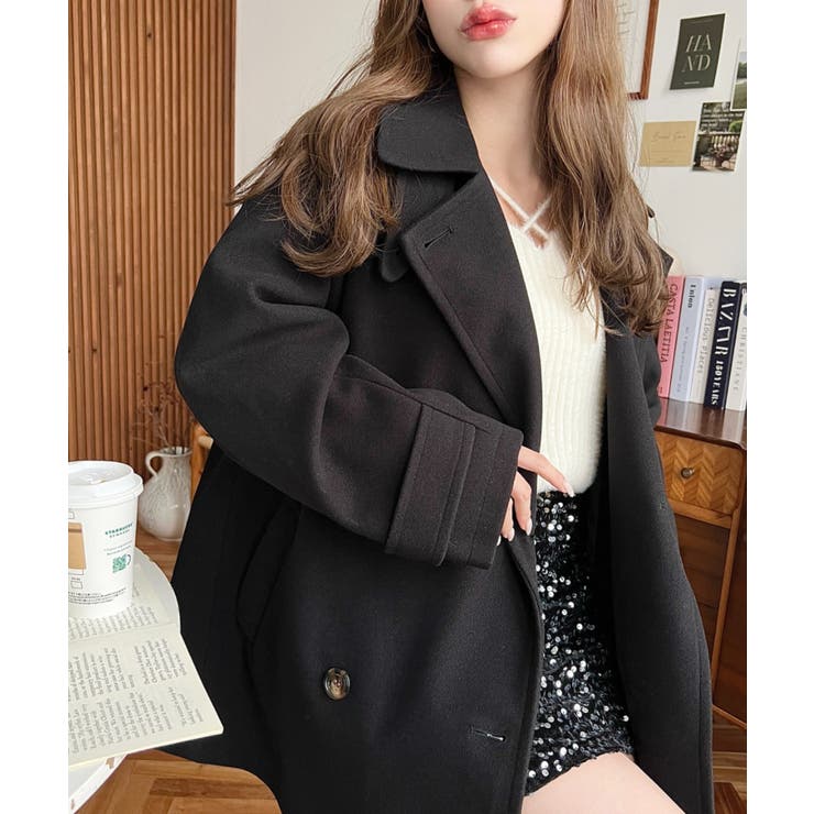 フェイクウールシャギーチェック＆ニットモッサ無地オーバーサイズミドル丈Pコートジ… | moment+ | 詳細画像5 