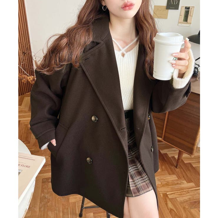 フェイクウールシャギーチェック＆ニットモッサ無地オーバーサイズミドル丈Pコートジ… | moment+ | 詳細画像50 