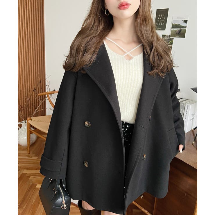 フェイクウールシャギーチェック＆ニットモッサ無地オーバーサイズミドル丈Pコートジ… | moment+ | 詳細画像6 