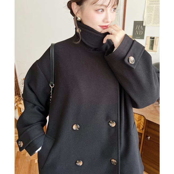 フェイクウールシャギーチェック＆ニットモッサ無地オーバーサイズミドル丈Pコートジ… | moment+ | 詳細画像7 