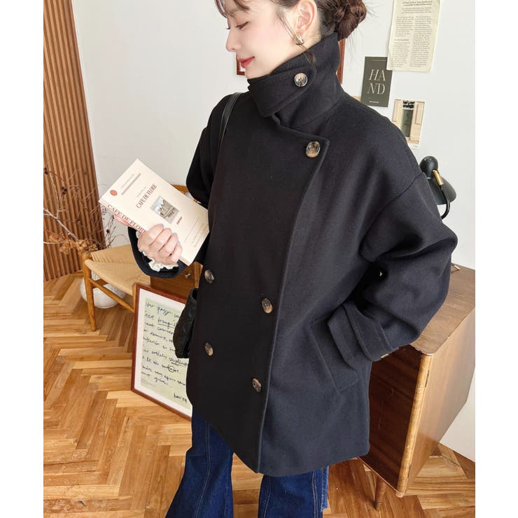 フェイクウールシャギーチェック＆ニットモッサ無地オーバーサイズミドル丈Pコートジ… | moment+ | 詳細画像8 