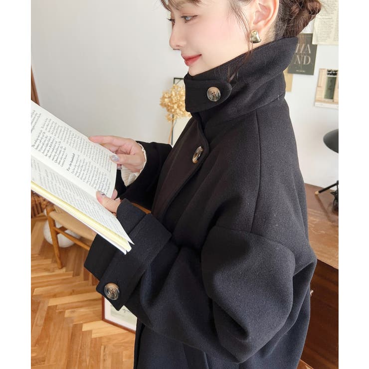 フェイクウールシャギーチェック＆ニットモッサ無地オーバーサイズミドル丈Pコートジ… | moment+ | 詳細画像9 