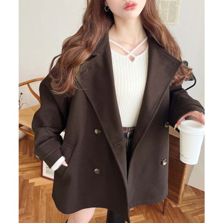 ブラウン | フェイクウールシャギーチェック＆ニットモッサ無地オーバーサイズミドル丈Pコートジ… | moment+