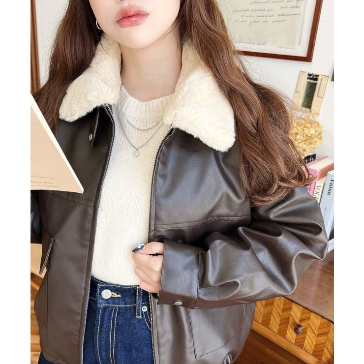 ファーティペット付きフェイクレザーブルゾン[品番：ERMW0003933