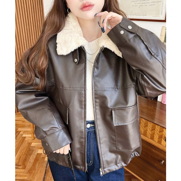 ブラウン | ファーティペット付きフェイクレザーブルゾン | moment+