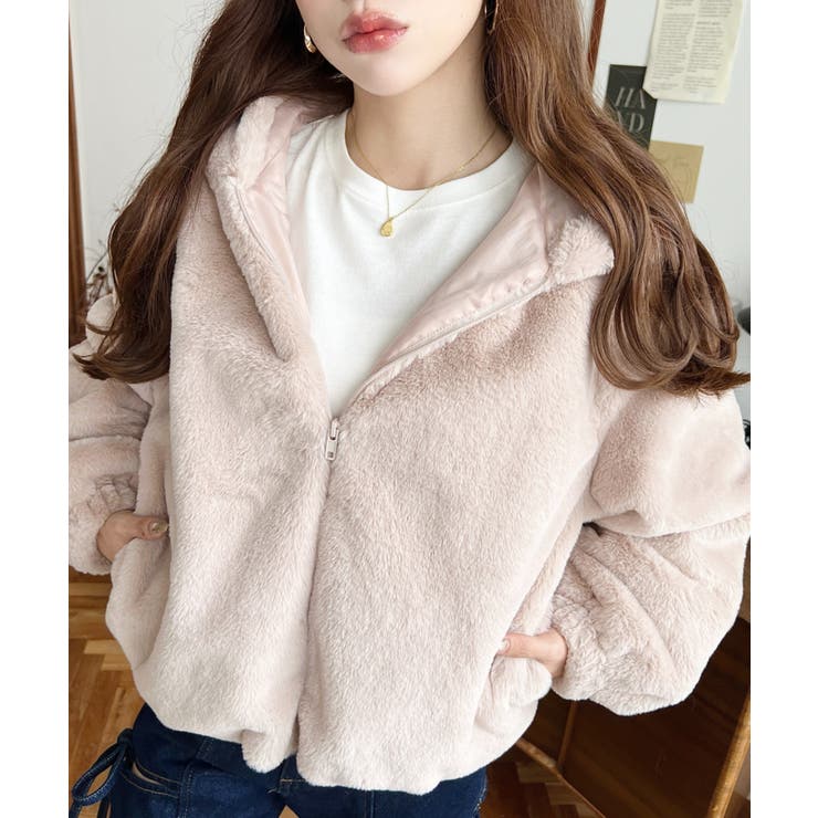 ショート丈ジップパーカーフェイクファーブルゾン[品番：ERMW0004086