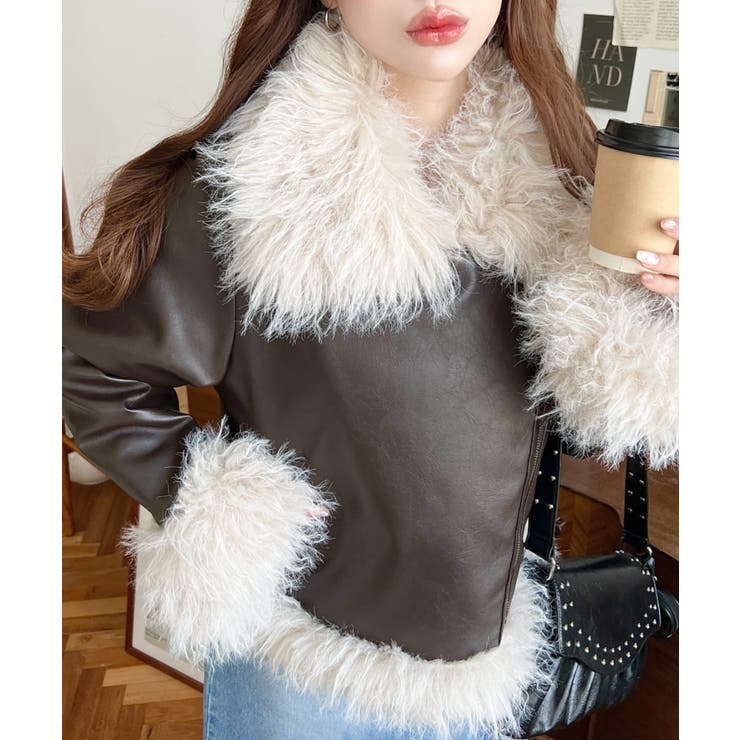 フェイクレザー×シープファームートン風ライダースジャケットブルゾン | moment+ | 詳細画像17 